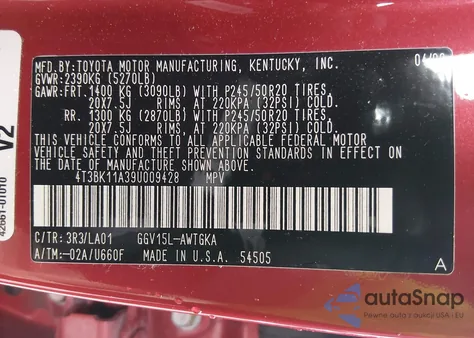 2009 Toyota Venza Base V6 z USA, uszkodzony, nr VIN 4T3BK11A39U009428